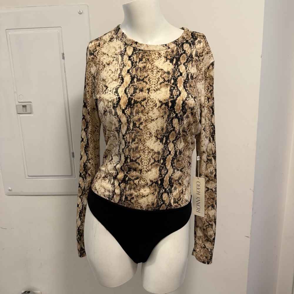 RONNY KOBO Neutral Snake-Print Long Sleeve Bodysuit